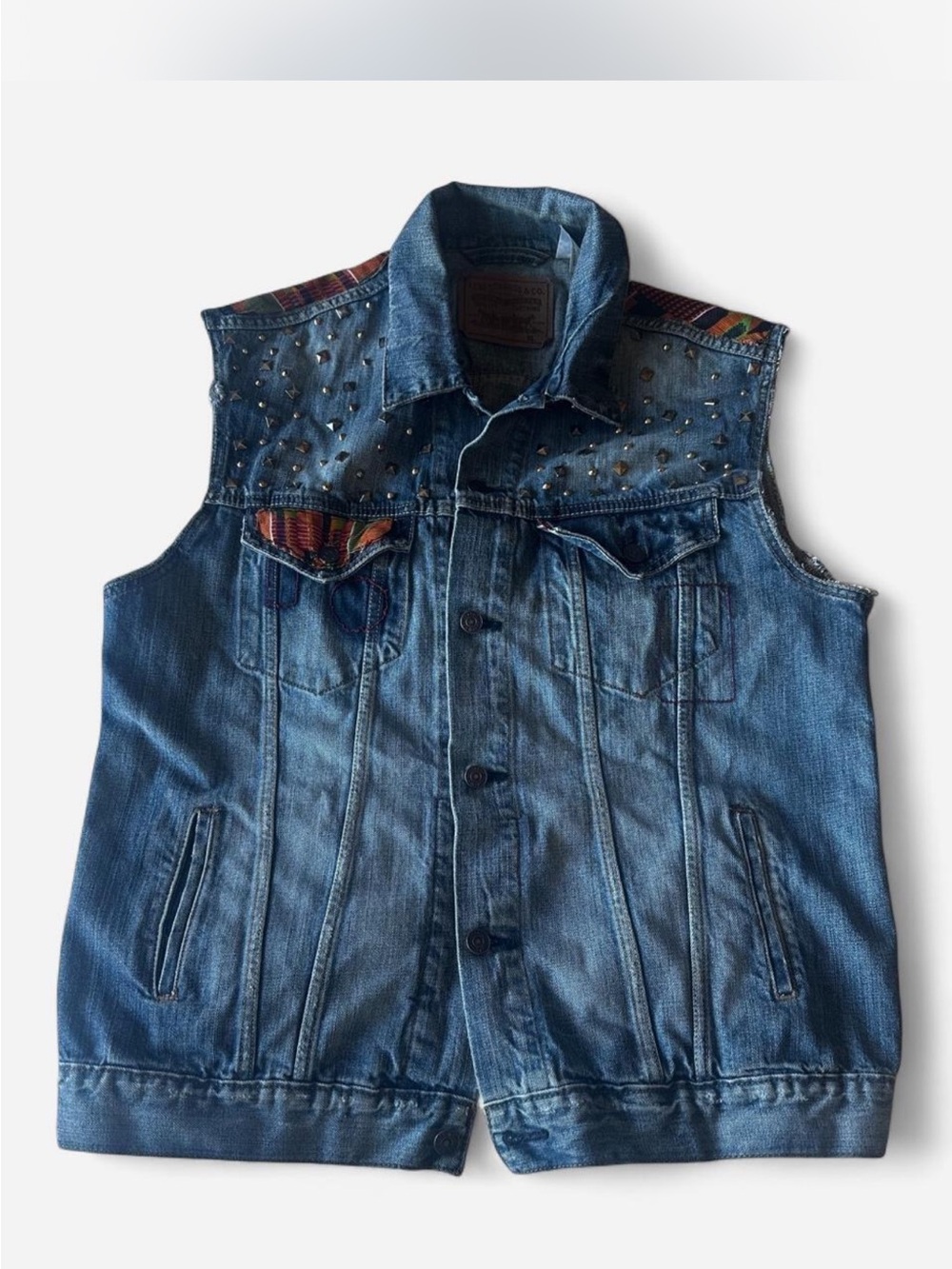 Levi's Blue Denim Studded Sleeveless Vest with Pattern Trim